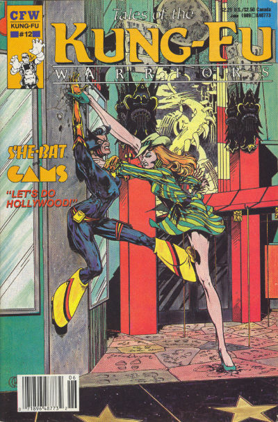 Gams, a red headed gal in a dark and light green striped short skirt and heels uses her right leg to pin the She-Bat up against a wall having caught her right arm. She is choking She-Bat who holds off Gams by pushing with her left lef against Gam's left leg, her other leg pushing against the wall. She-bat is dressed in a black skin tight suit with flared yellow boots, is dark haired and latine.